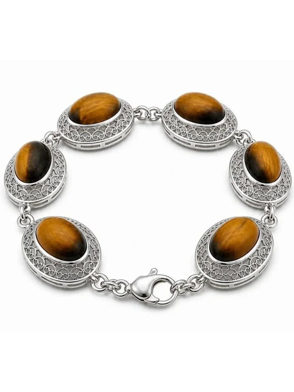 Genuine 34.86 Cts Tiger's Eye Tennis Bracelet .925 Silver